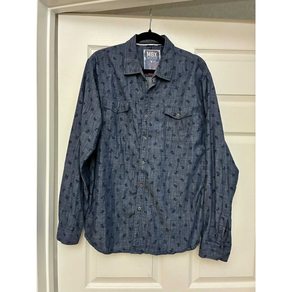 MBX Denim Wear XL Slim Fit Chambray Paisley Shirt‎ Blue Button Down